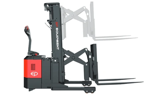 EP Equipment CQE15S electric walkie reach stacker with extendable reach mechanism for precise load handling and stacking.