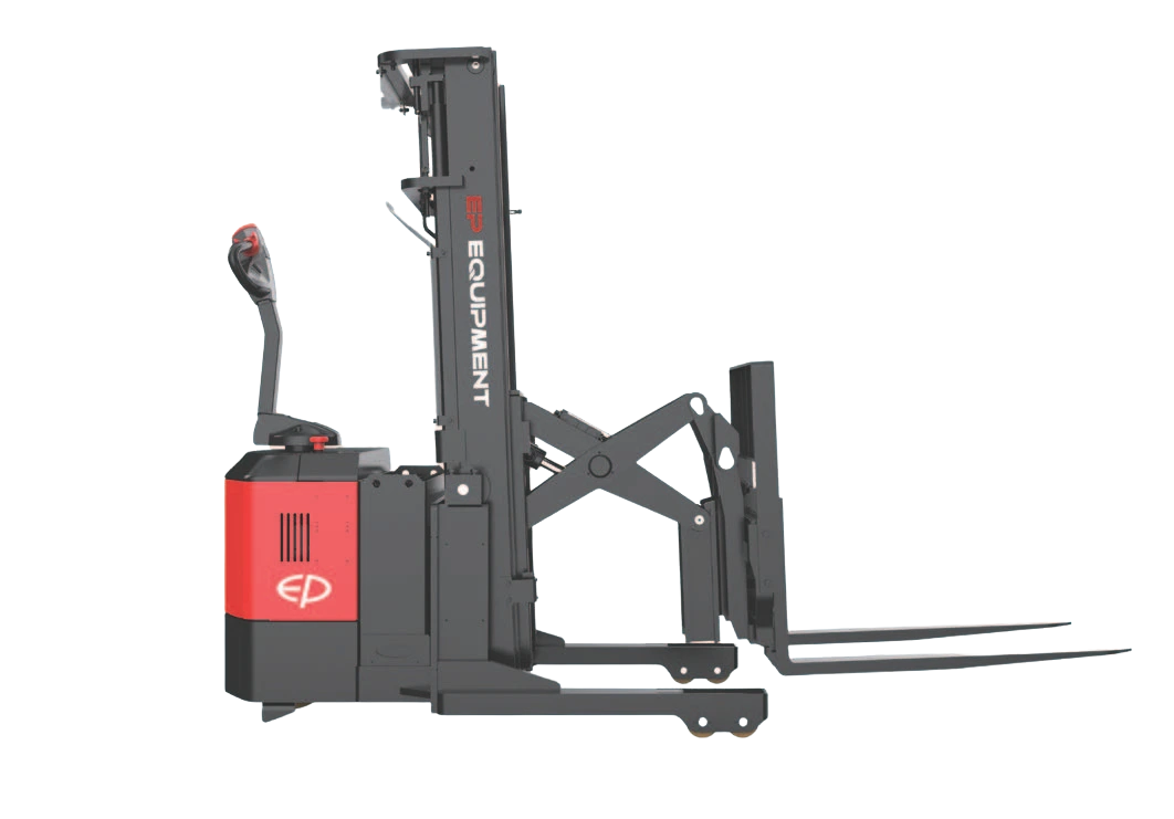 Side view of CQE15S 1.5T lithium-ion electric walkie reach stacker by EP Equipment, demonstrating the reach function