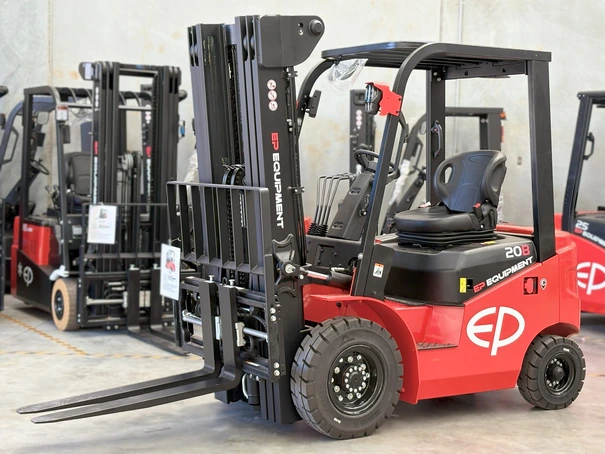 EFL203 four-wheel lithium-ion electric forklift by EP Equipment in stock at warehouse, ready for delivery