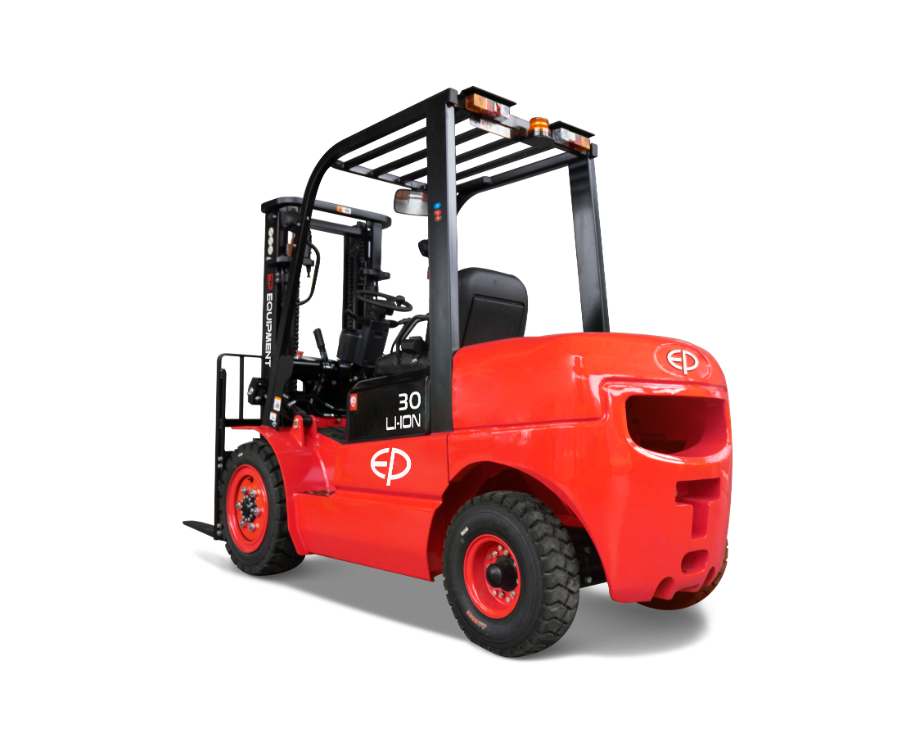 Rear-left view of ICE301 3.0T four-wheel lithium-ion electric forklift by EP Equipment