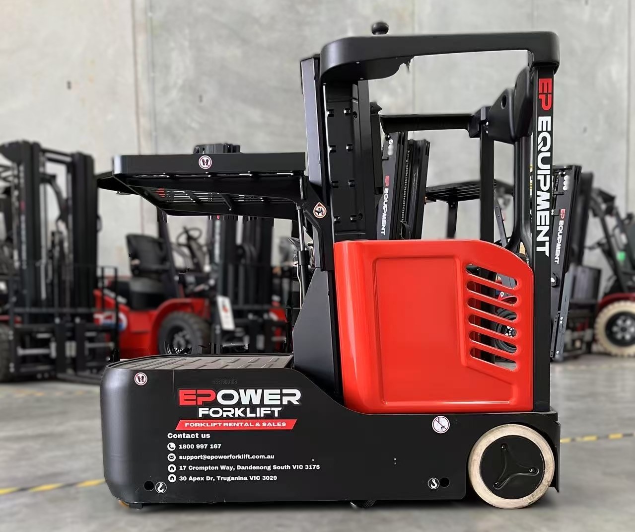 Stock photo of JX0 lithium-ion electric order picker by EP Equipment, showing compact design and operator platform.