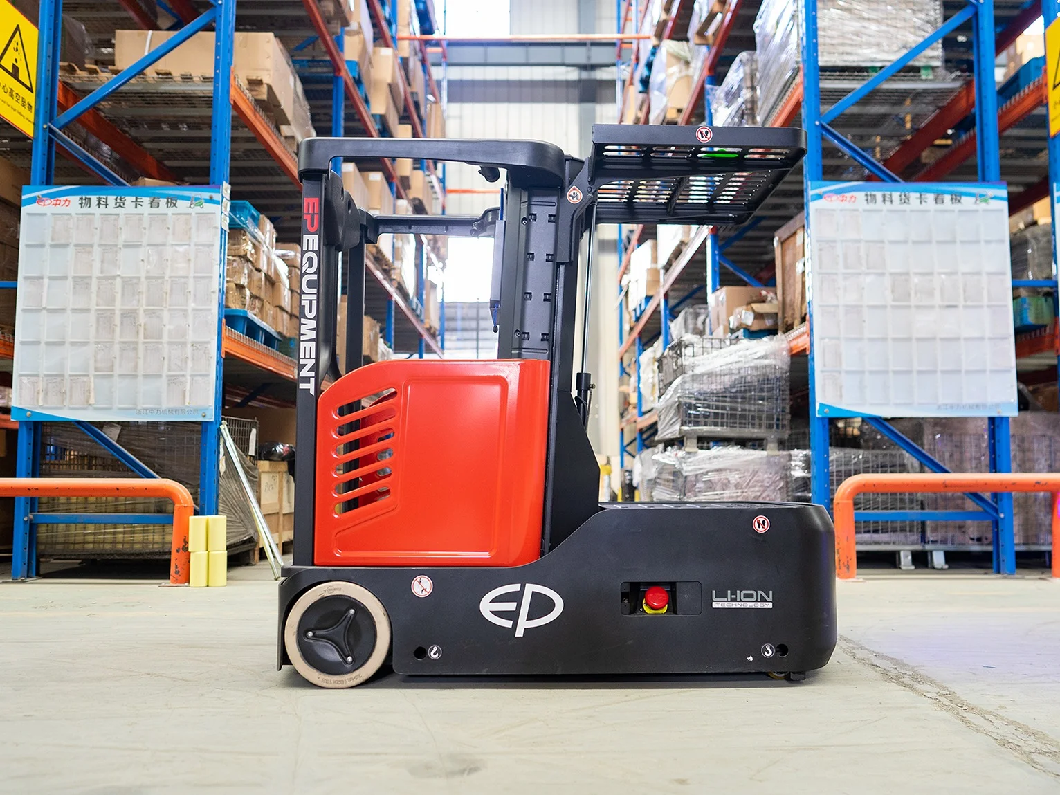 EP Equipment JX0 lithium-ion electric order picker in warehouse, designed for narrow aisle operation and lightweight material picking.
