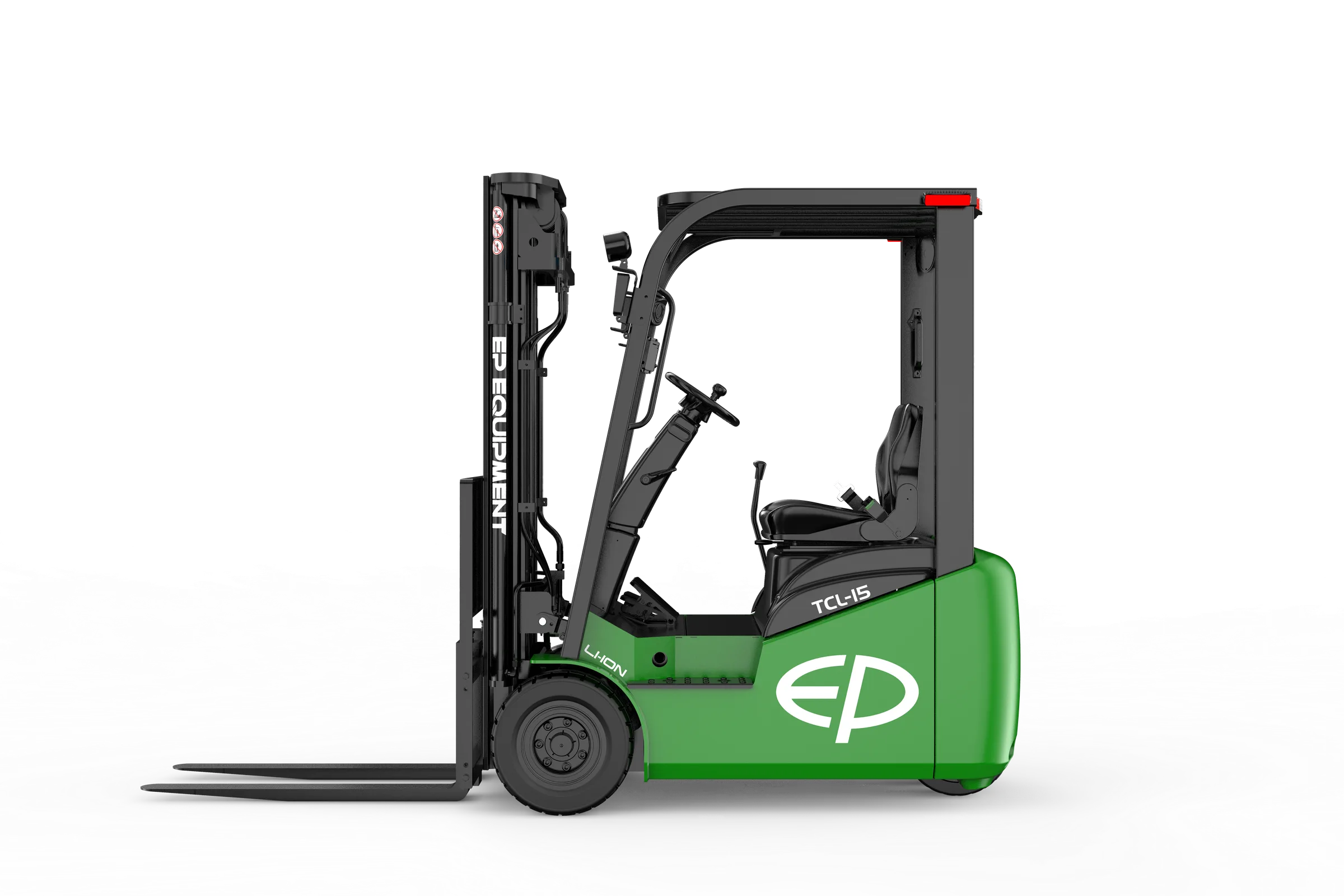 Left side view of TCL152 1.5T three-wheel lithium-ion electric forklift by EP Equipment, showing its compact chassis and sub-2m overhead guard
